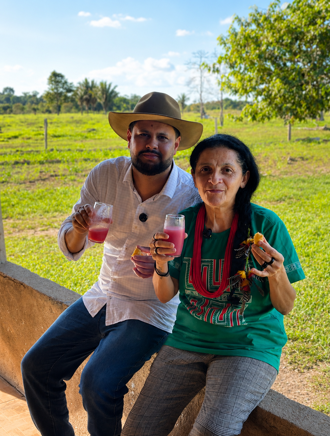 Samuel Costa tomando suco com uma moradora no interior
